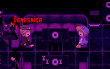 a pixel art of two people sitting in a dark room with the name denesnice in red letters