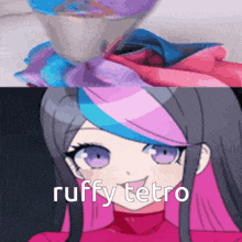 a picture of a girl with purple eyes and the words " ruffy tetra "