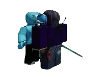 a blue robot is standing next to a purple robot with a sword on his back
