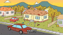 a cartoon drawing of a neighborhood with morty written on the bottom right