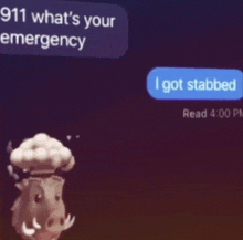 a text message with a picture of a boar and the words 911 what 's your emergency i got stabbed