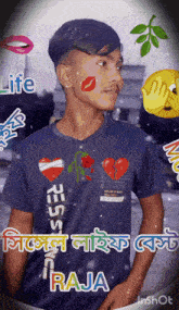 a man wearing a blue shirt that says life raja