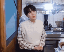 a man wearing a plaid shirt and a white vest stands in front of a kitchen counter