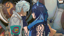a couple of anime characters standing next to each other and one has a tattoo on his arm