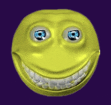 a yellow smiley face with blue eyes and teeth on a purple background