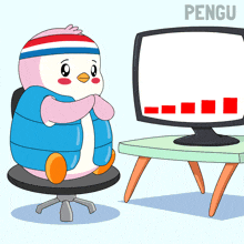 a cartoon of a penguin sitting in front of a computer monitor with the word pengu on the bottom right