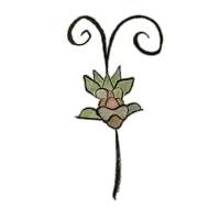 a drawing of a flower with green leaves and a swirl