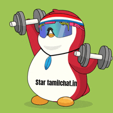 a cartoon penguin is lifting dumbbells with the words star tamilchat.in on the bottom