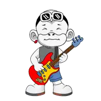 a cartoon of a man holding a guitar that says zhuz on it