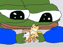 a cartoon of a green frog holding two dogs