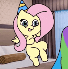 a cartoon pony wearing a party hat is dancing in a bedroom