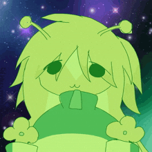 a cartoon drawing of a green alien with antennas