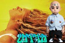 a doll with a tattoo on his forehead is standing in front of graffiti that says lopezd
