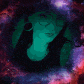 a woman with glasses is surrounded by a purple and red galaxy