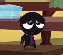 a cartoon character with a purple tie is standing on a wooden table