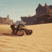 a poster for dune awakening shows a couple of vehicles in the desert