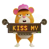 a hamster wearing a pink hat that says grind holds a sign that says rry butt
