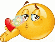 a cartoon smiley face is blowing soap bubbles and holding a heart .