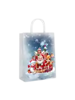 a christmas bag with santa reindeer and snowman on it