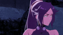 a close up of a girl 's face with purple hair and white eyes
