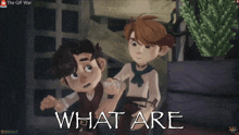 two cartoon characters are standing next to each other with the words what are written on the bottom