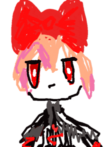 a drawing of a girl with red eyes and a red bow on her head