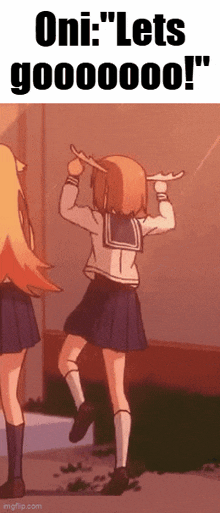 a cartoon of a girl dancing with the words oni : lets goooooood