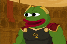 a cartoon of a frog wearing a black shirt with the number 42 on it
