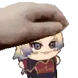 a cartoon character with a hat on his head is being touched by a hand .