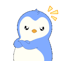 a blue and white penguin with an orange beak is standing with his arms crossed