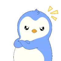 a blue and white penguin with an orange beak is standing with his arms crossed