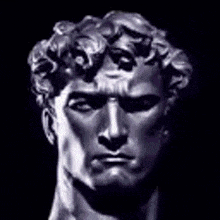 a black and white drawing of a man 's head with curly hair .