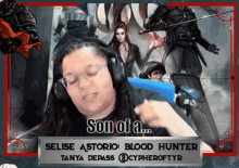 a woman wearing headphones with the words son of a below her