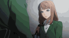 a girl in a green suit is looking at a man