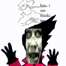 a cartoon of a person with a drawing of a person behind them that says hm i am thinki