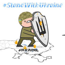 a cartoon of a soldier holding a shield over a map with the word ukraine on it