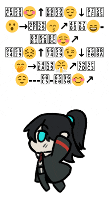 a drawing of a girl with a ponytail and a bunch of emojis on a white background