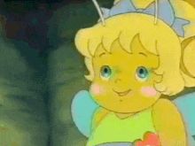a cartoon fairy with wings and a flower in her hand