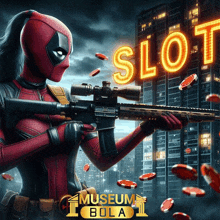 a superhero holding a gun in front of a slot sign