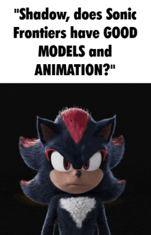a poster of shadow the hedgehog says " shadow does sonic frontiers have good models and animation "