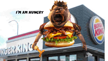 a picture of a monster holding a hammer in front of a burger king says i 'm am hungry
