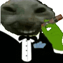a dog in a tuxedo is smoking a cigarette and holding a green object .