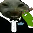 a dog in a tuxedo is smoking a cigarette and holding a green object .