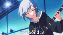 a girl playing a guitar with the words soulbond : 3 written on the bottom