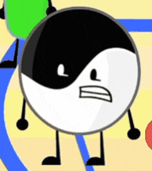a black and white ying yang with arms and legs is standing next to a green ball .