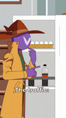 a cartoon of a man standing in front of a refrigerator with the words the traffic below him