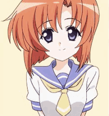 a girl with red hair and blue eyes is wearing a school uniform and tie