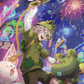 a cartoon of a boy in a frog costume holding a bubble gun