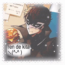 a picture of a man with a mask holding a hamburger with the words ren de kita written below him
