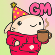 a cartoon character is wearing a party hat and holding a cup of coffee with the letter gm behind him